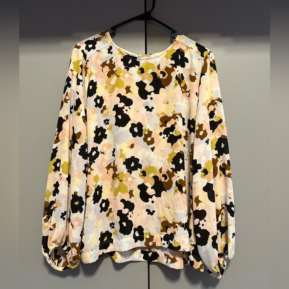 LOFT Floral Print Long Sleeve Blouse in Black, Pink, Yellow, Brown